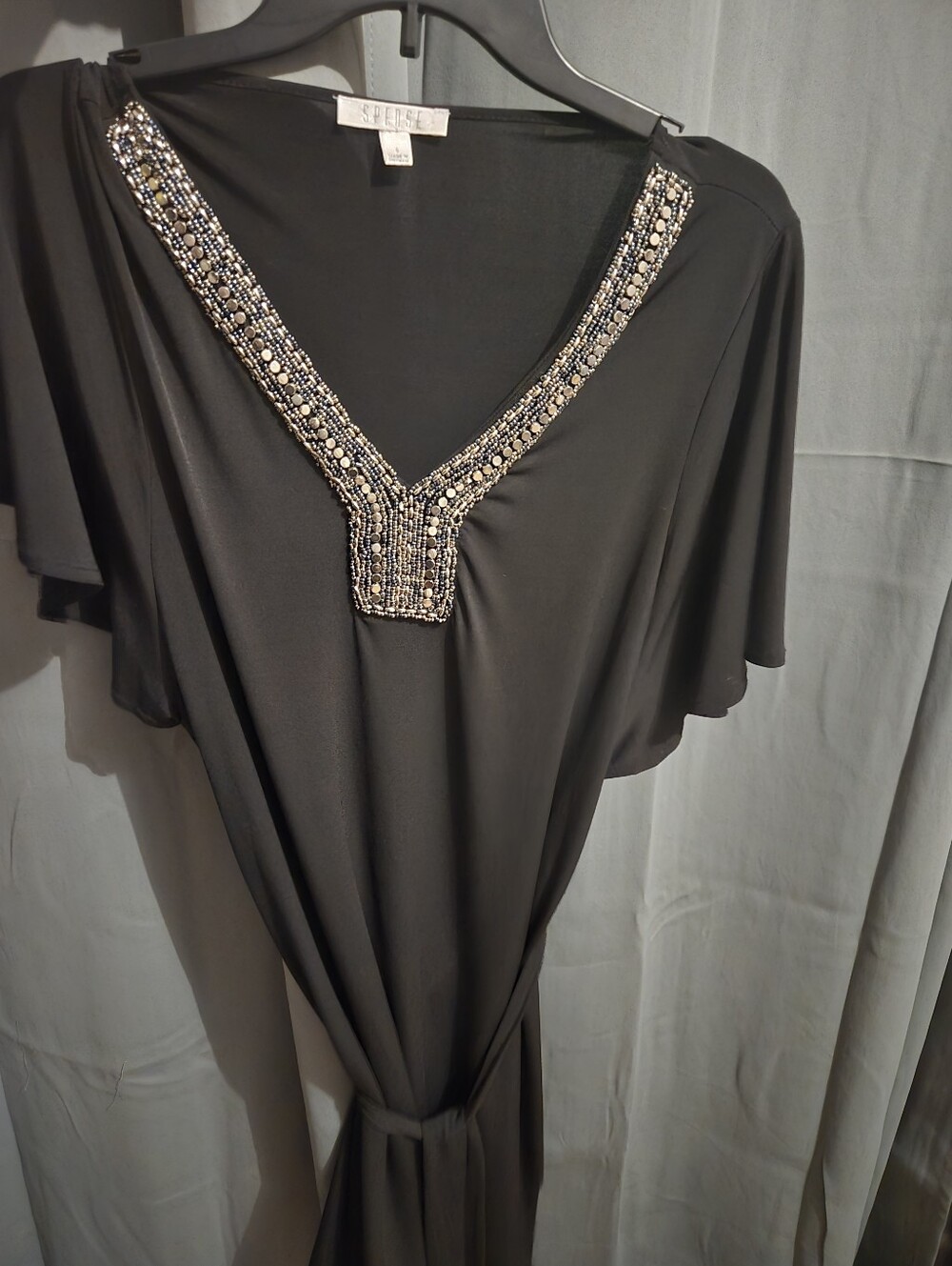 Spense Black V-Neck Tunic with Beaded Embellished Neckline